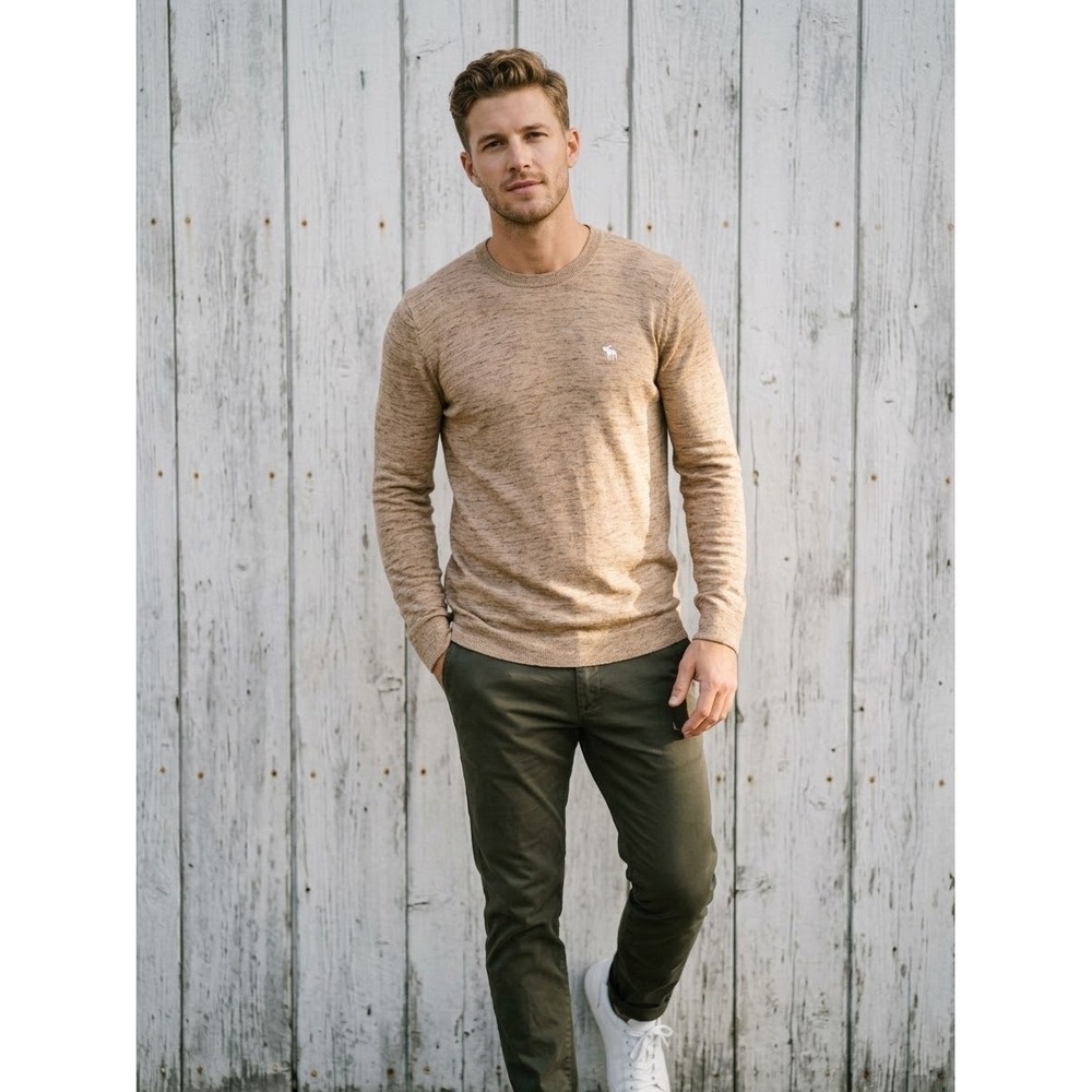 Abercrombie & Fitch Mens Tan Marl Knit Long Sleeve Moose Logo Crewneck Sweater L
